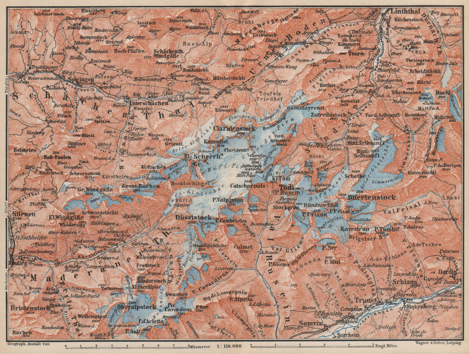 TÖDI DISTRICT. Glarus Alps Linththal Bifertenstock Claridenstock 1889 old map